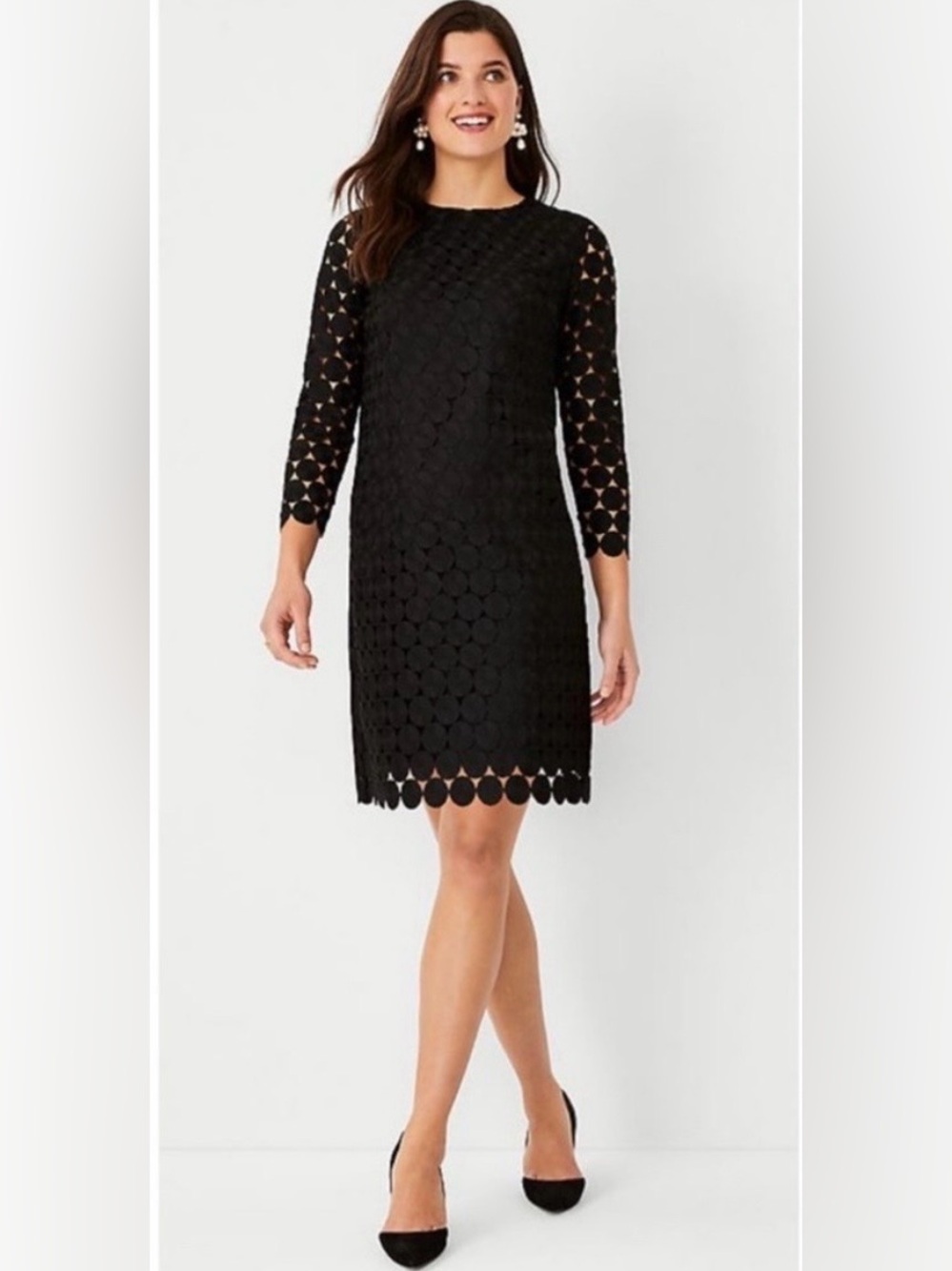 NEW! Ann Taylor Black Dotted Overlay Sheath Dress with Scalloped Hem Size 4 NWT